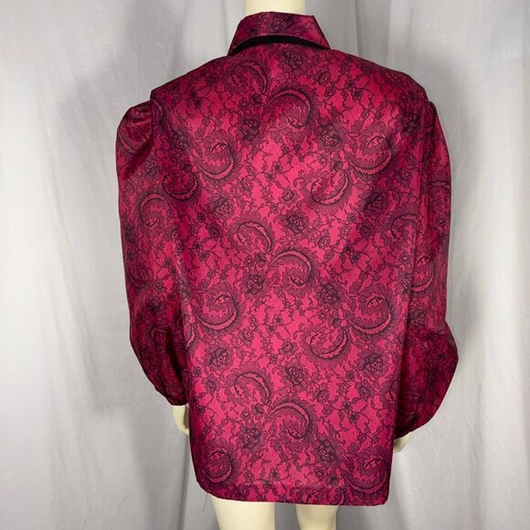 Vintage Lady Manhattan Plus Red Lace Print Blouse 22W / 42 | Puff Sleeve Button - Picture 3 of 14